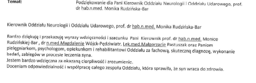 Podziękowanie dla zespołu Oddziału Neurologii i Oddziału Udarowego